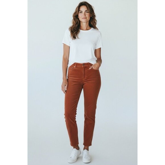 Chico’s Corduroy Pants Sz 2 (L/12) Dark Rust Orange Stretch Straight Leg 30” - Picture 2 of 6